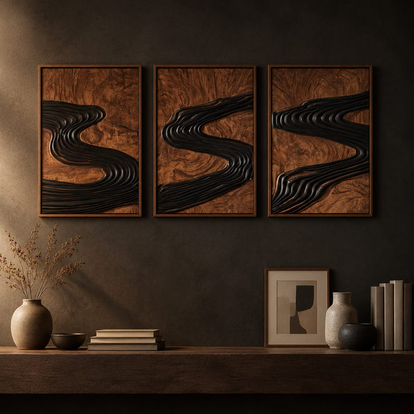 Three Panel Wall Art With Carved Dark River Relief
