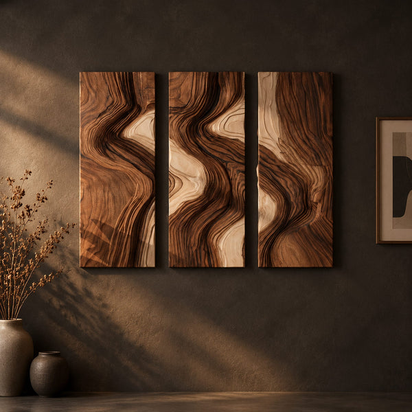 Three Panel Wall Art With Flowing Wavy Grain Pattern