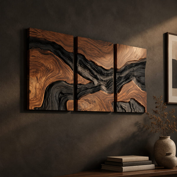 Three Panel Wood Grain Wall Art With Dark Flowing River Band