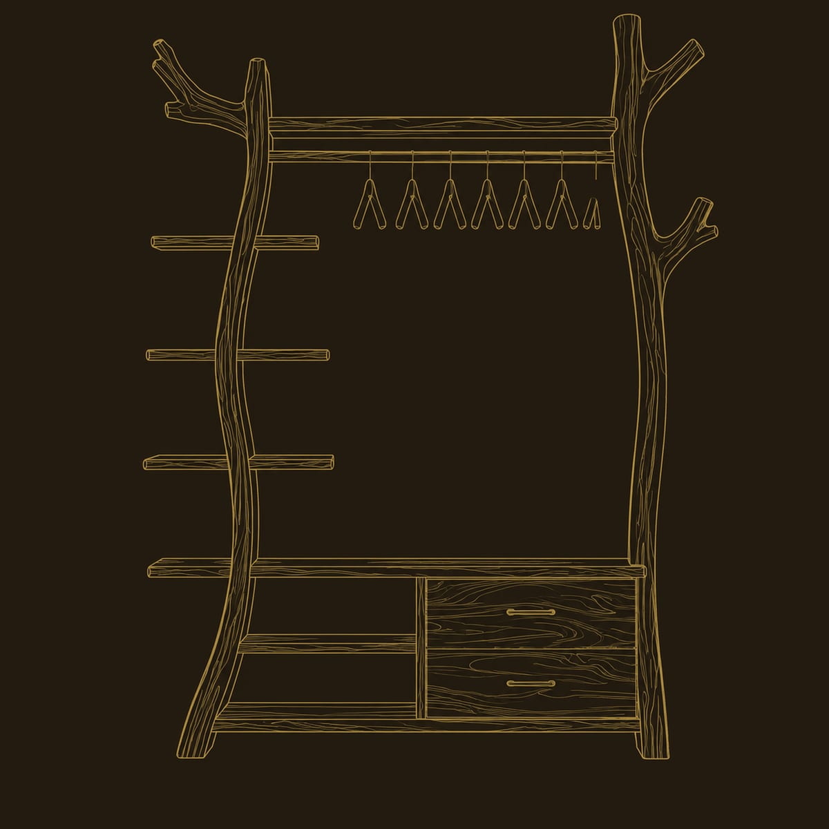 Tree Branch Wardrobe With Open Hanging Rail And Two Drawers dimension diagram