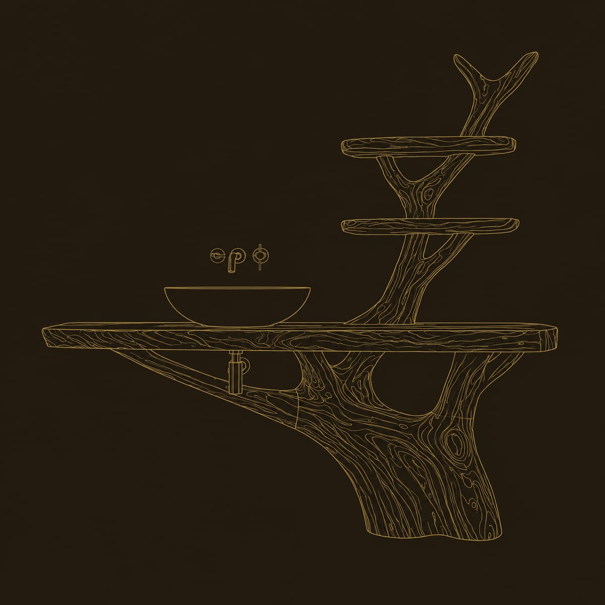 Tree Trunk Bathroom Vanity With Slab Top And Branch Shelves dimension diagram