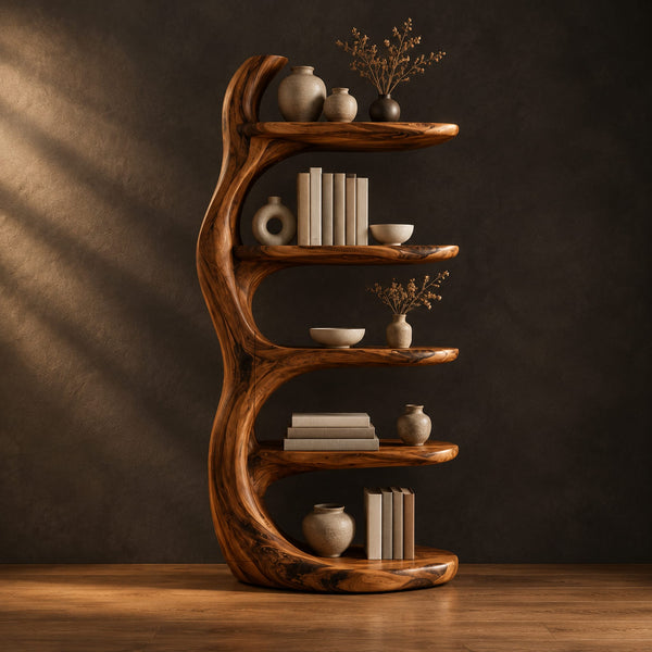 Tree Trunk Bookshelf With Five Tiered Shelves And Twisting Stem