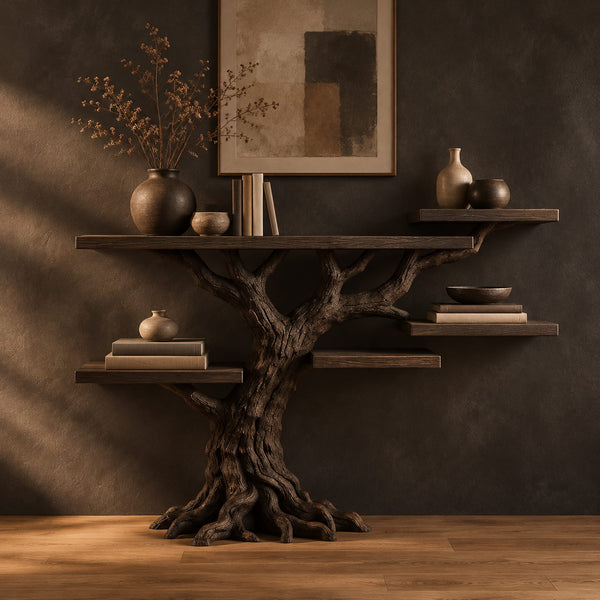 Tree Trunk Console Table With Branch Supports And Staggered Shelves