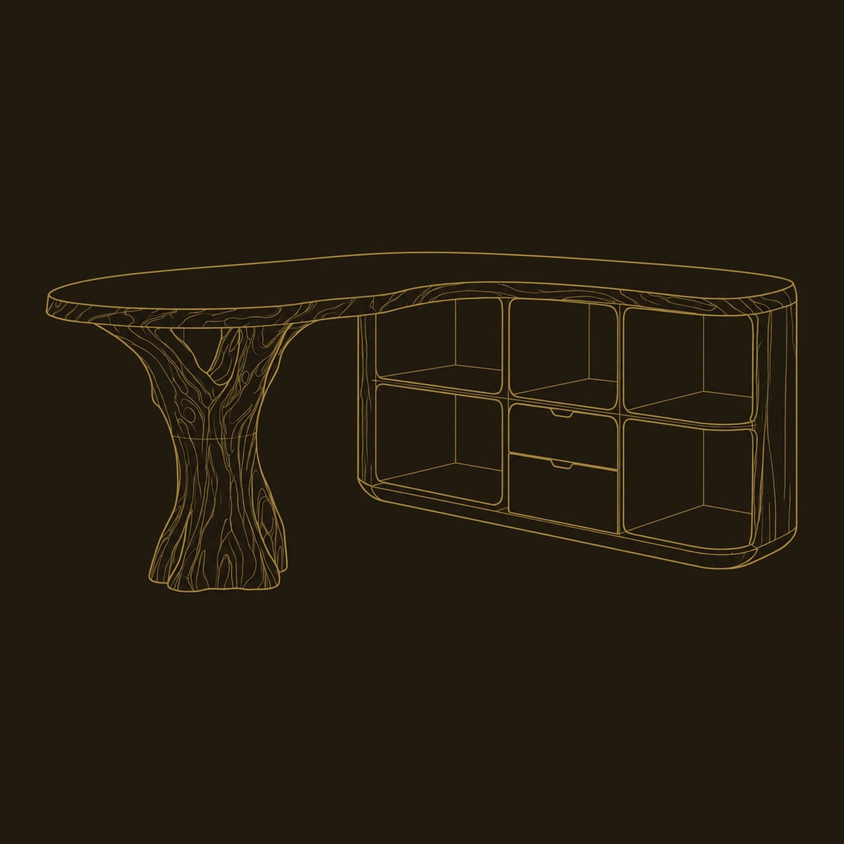 Tree Trunk Pedestal Desk With Kidney Shaped Top And Open Cubbies dimension diagram
