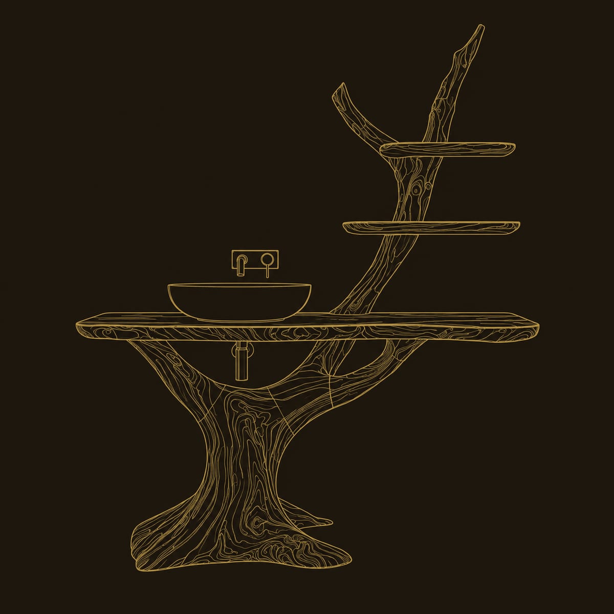 Tree Trunk Vanity With Sculpted Root Base And Branch Shelves dimension diagram