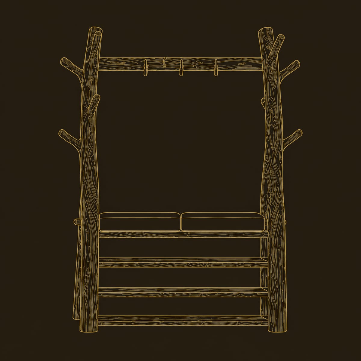 Tree Trunk Wardrobe, Hanging Beam, Bench Seat, Open Shelves dimension diagram
