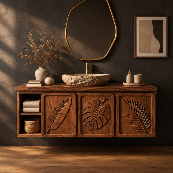Tropical Leaf Carved Bathroom Vanity, Three Panel Doors