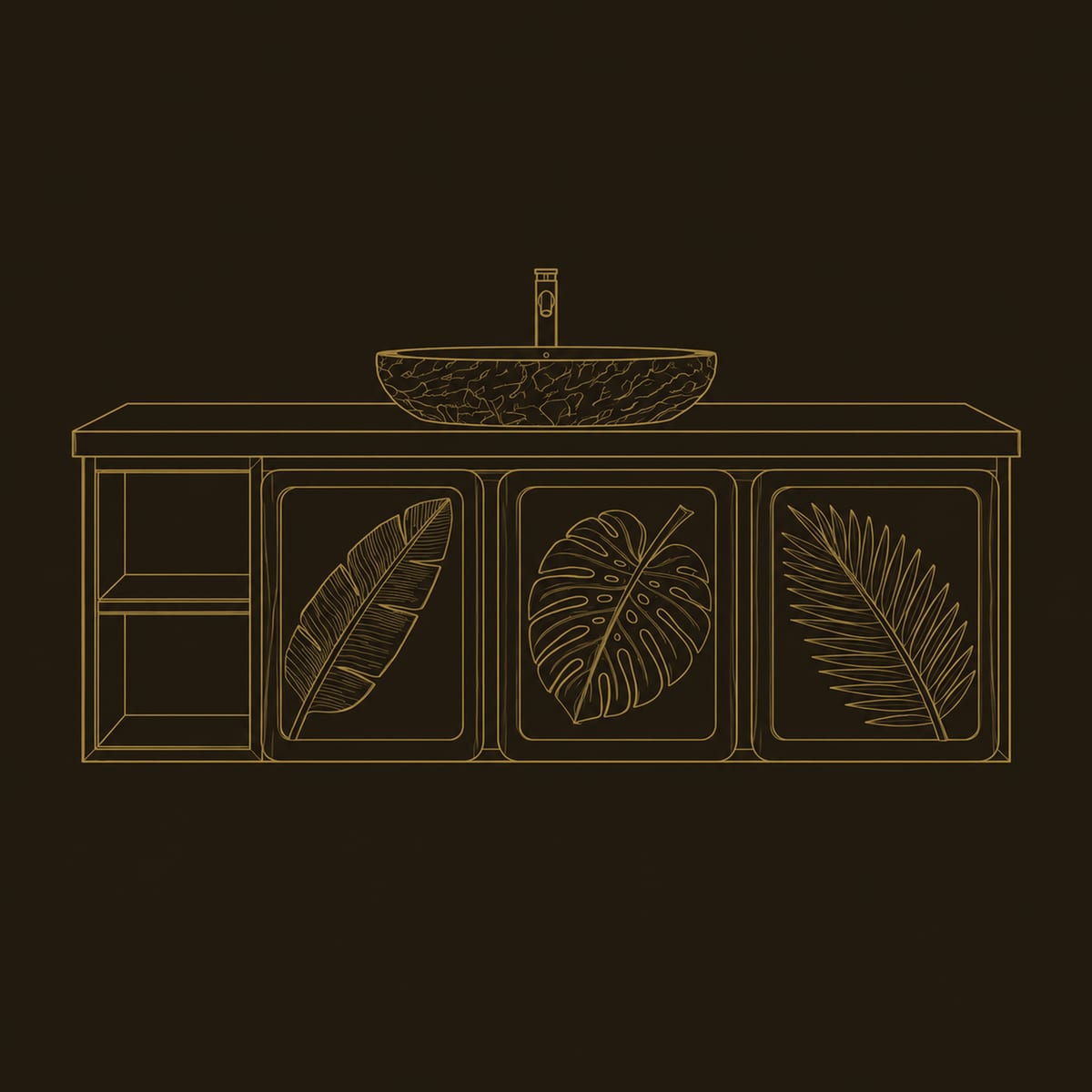Tropical Leaf Carved Bathroom Vanity, Three Panel Doors dimension diagram