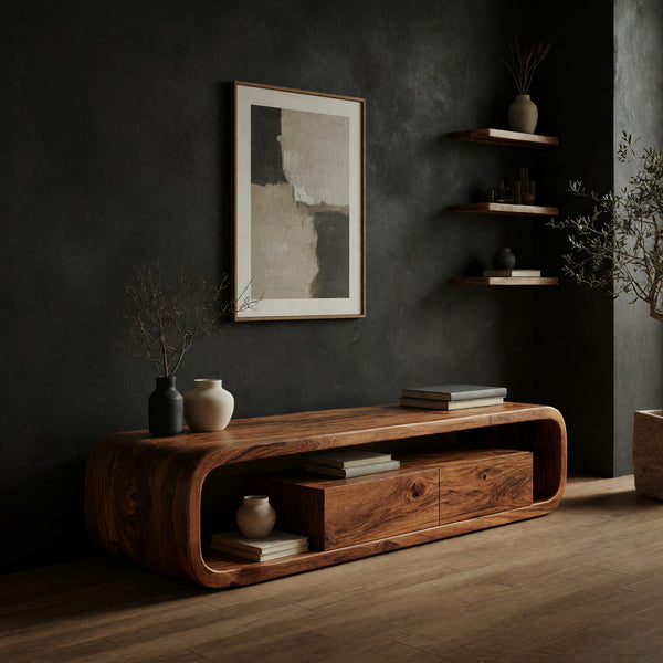 TV Console with a Loop Frame Around a Drawer Box, Solid Wood