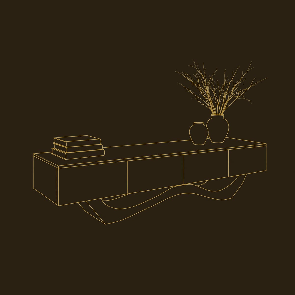 TV Stand on a Flowing Wave Base, in Swirl Grain Solid Wood dimension diagram