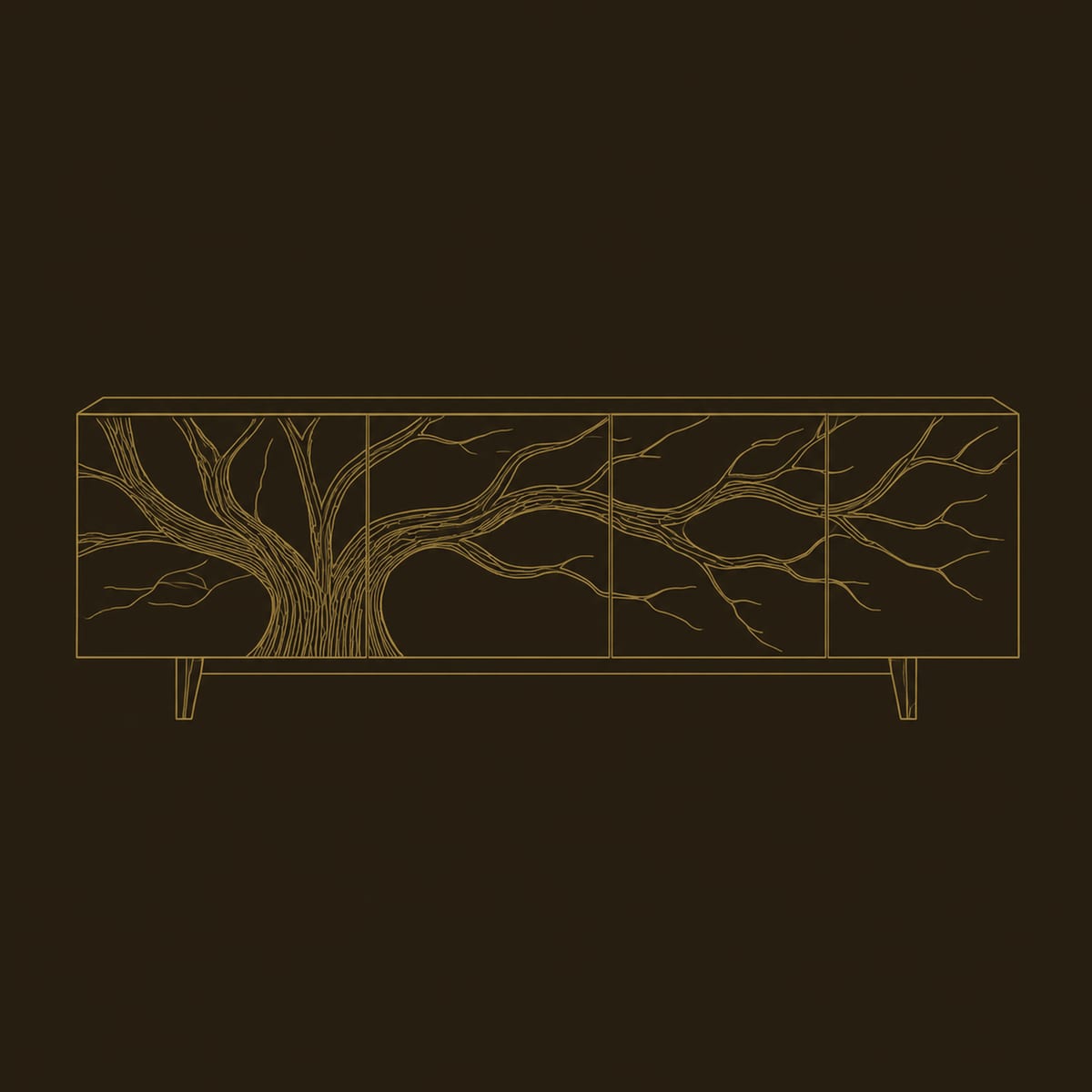 TV Stand With A Carved Branching Tree Across Four Front Panels dimension diagram