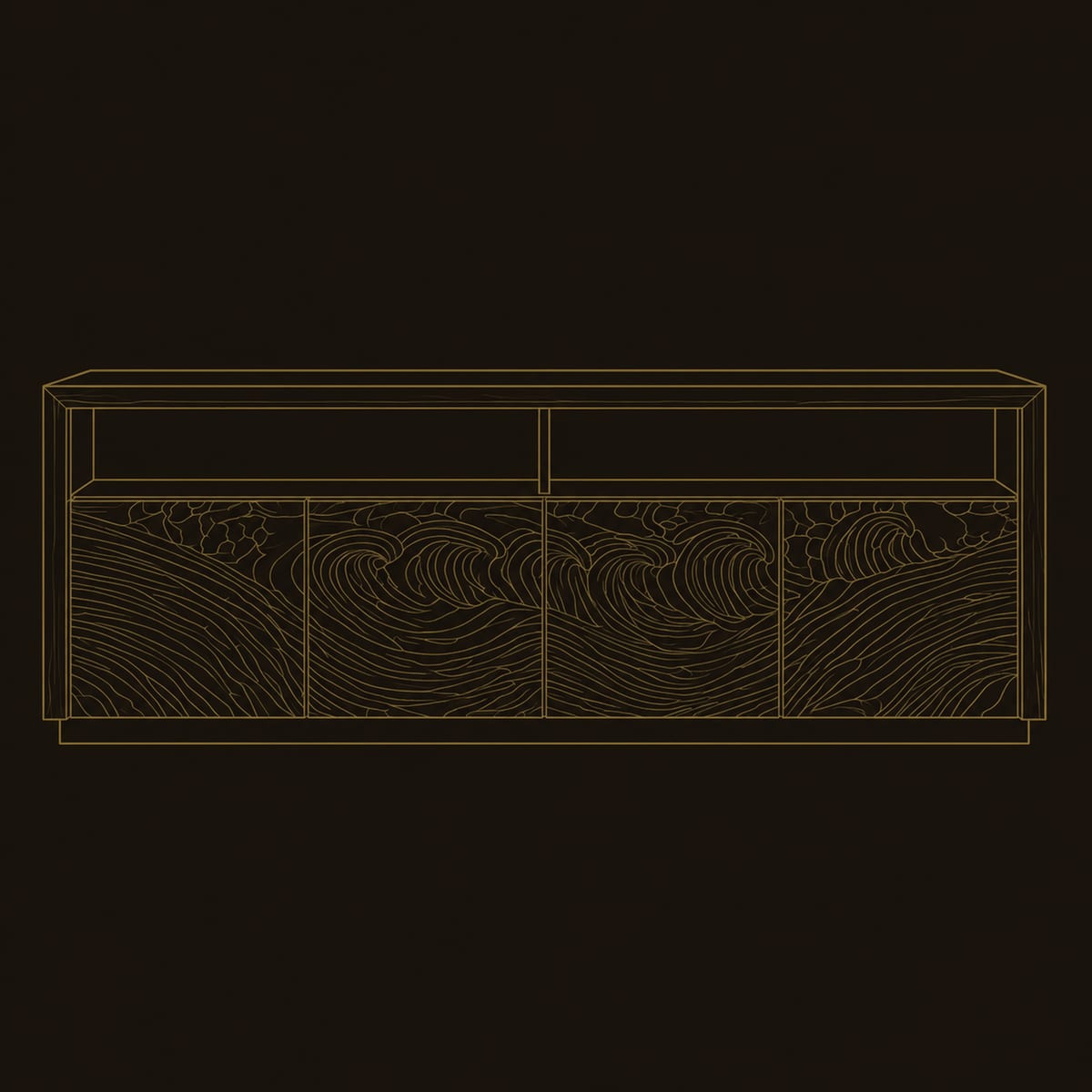 TV Stand With Swirl Carved Door Fronts And Two Open Top Bays dimension diagram