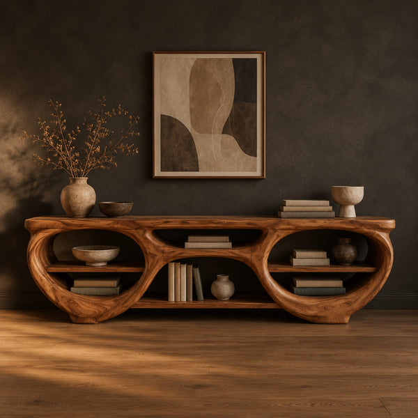 TV Stand With Twin Oval Cubbies And Carved Organic Edges