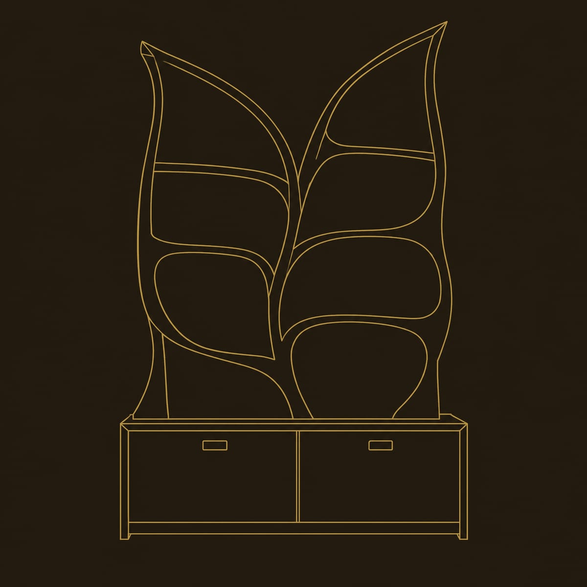 Twin Leaf Bookshelf, Branch Shaped Shelves, Low Cabinet Base dimension diagram