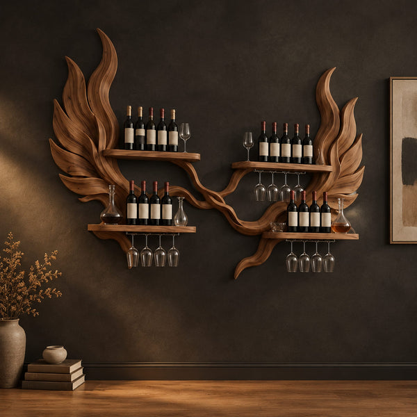 Twin Leaf Wine Rack With Branch Link And Hanging Glass Rails