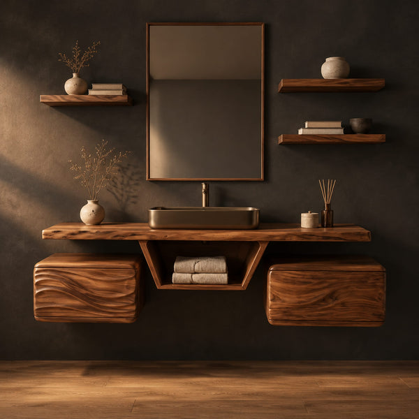 Twin Wave Carved Floating Bathroom Vanity With Open Niche