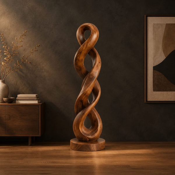 Twisted Double Loop Wood Sculpture With Open Spiral Form