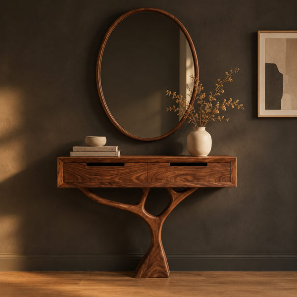 Two Drawer Console Table On A Branching Tree Pedestal