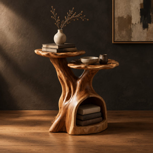 Two Tier Side Table With Hollow Trunk Base And Wavy Tops