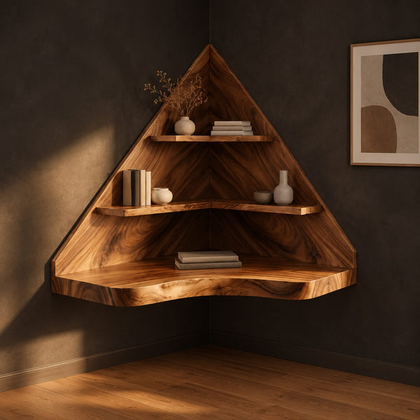 Wall Mounted Corner Desk With Two Shelves And Wavy Front Edge