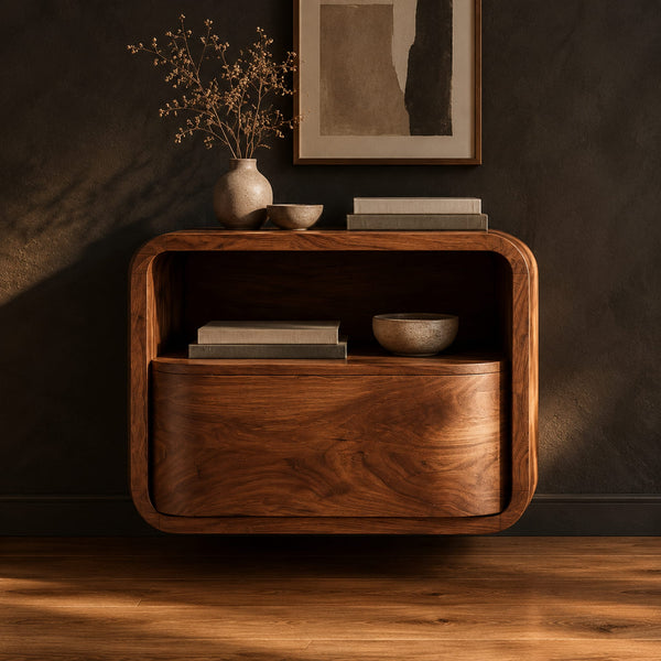 Wall Mounted Nightstand With Open Cubby And Curved Front Drawer