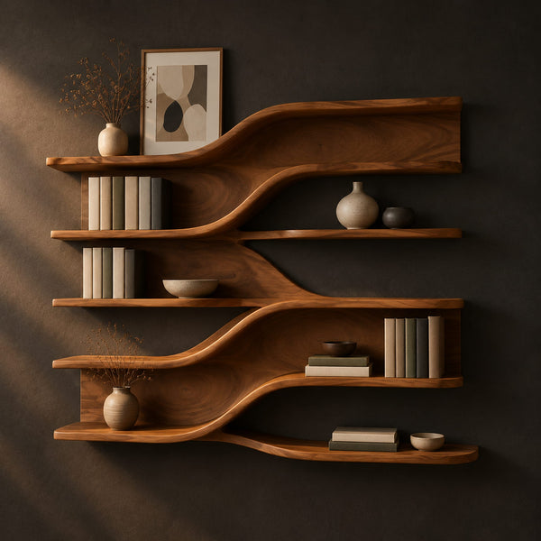 Wall Mounted Wave Shelves With Flowing Curved Backboard