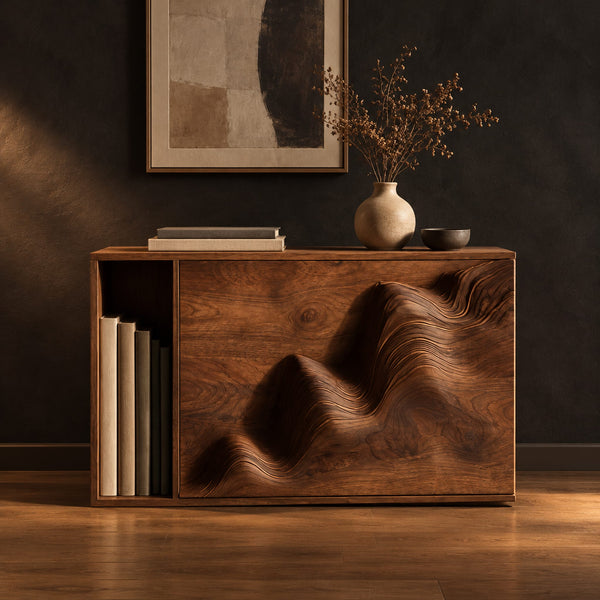 Wave Carved End Table With Open Book Compartment