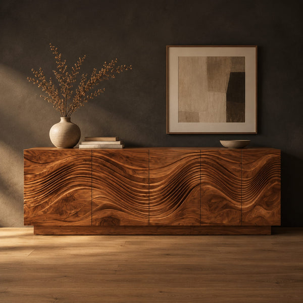 Wave Carved Sideboard With Flowing Ripples Across The Front