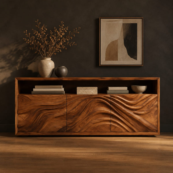 Wave Carved Sideboard With Three Panel Front And Open Top Shelf