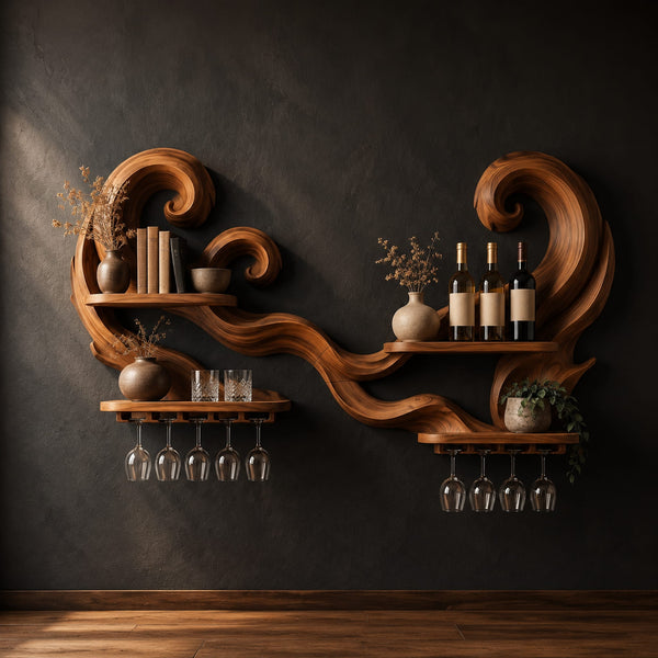 Wave Scroll Wine Rack With Twin Spirals And Two Glass Rails