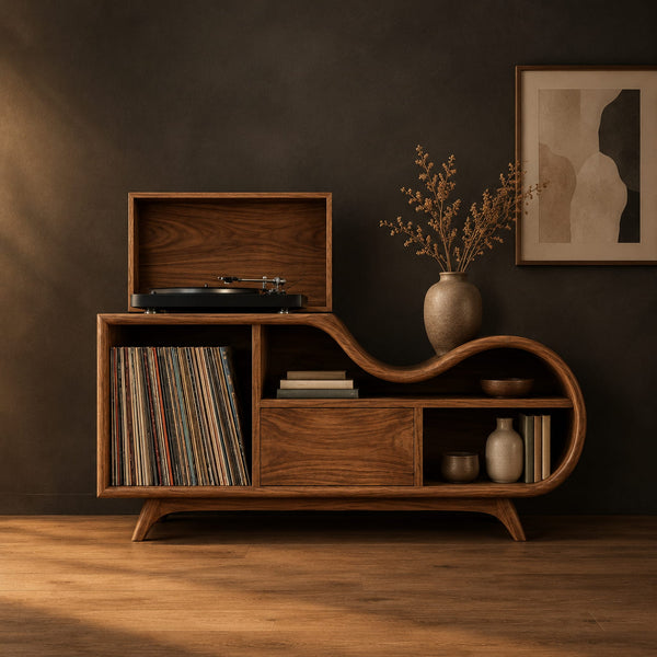 Wave Top Record Player Stand With Open Record Bay