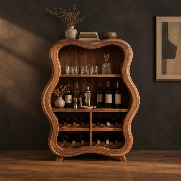 Wavy Outline Bar Cabinet With Open Shelves And Wine Cubbies