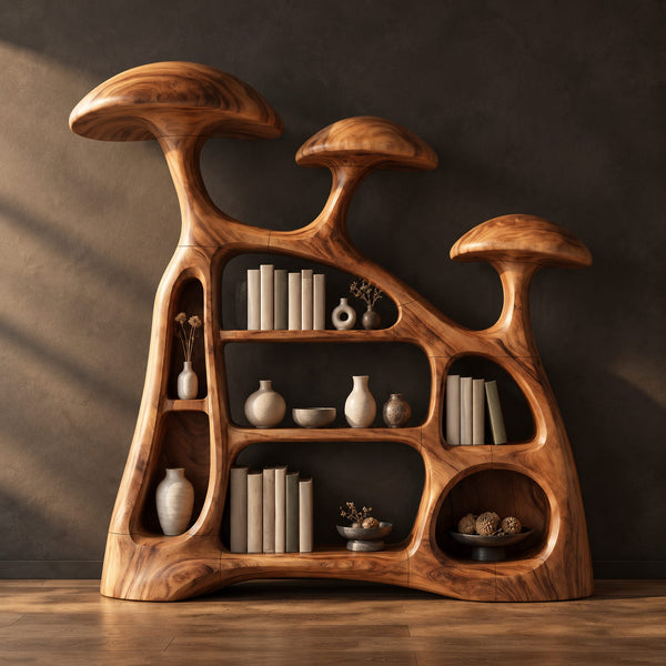 Wide Bookshelf With Three Mushroom Caps And Open Cubby Cells