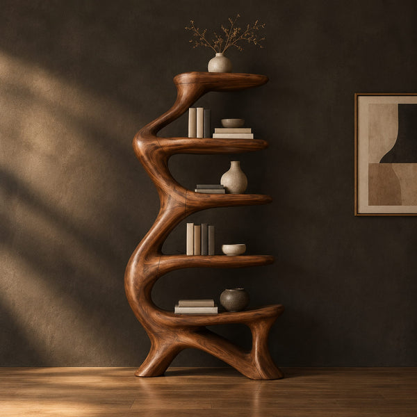 Winding Bookshelf With Stacked Leaf Shaped Shelves And Curved Foot