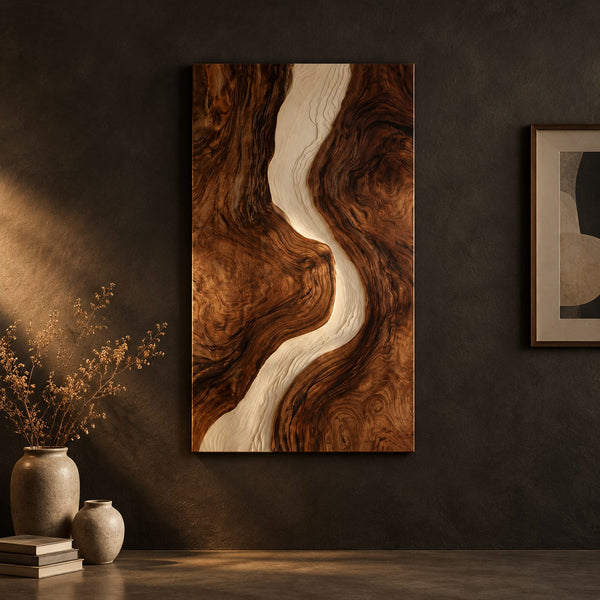 Winding Cream River Wood Wall Art With Deep Swirling Grain