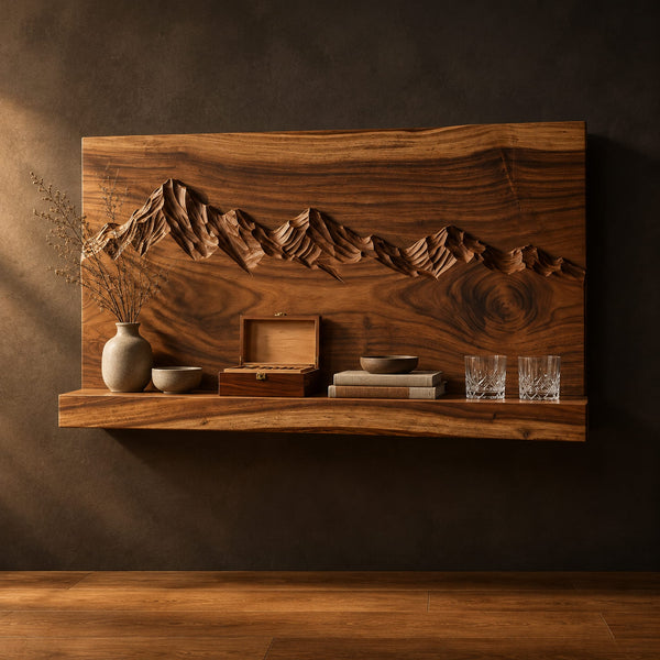 Wine Holder With Carved Mountain Ridge Panel And Wide Ledge