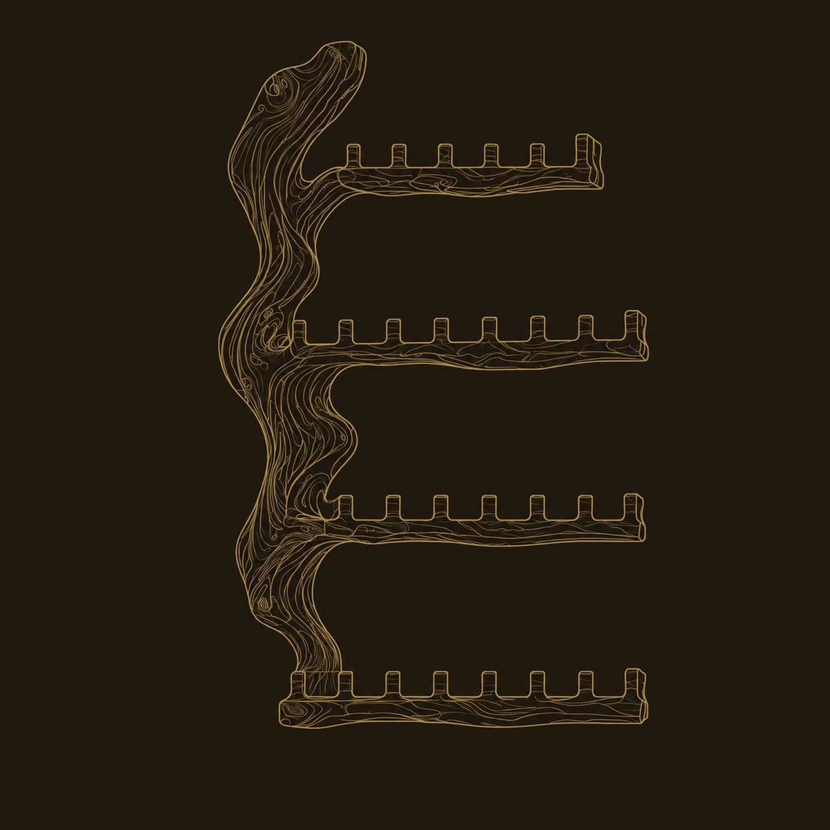 Wine Rack With Gnarled Trunk Backbone And Four Notched Shelves dimension diagram