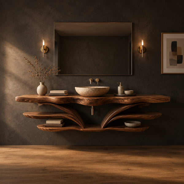 Winged Arm Bathroom Vanity With Wavy Edge Top And Shelves