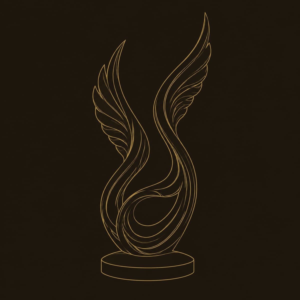 Winged Swirl Sculpture With Carved Feather Lines On Circular Base dimension diagram