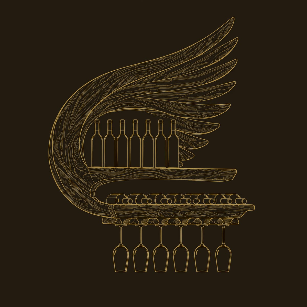Winged Wine Rack With Feathered Carving, Bottle Shelf, Stemware Rail dimension diagram