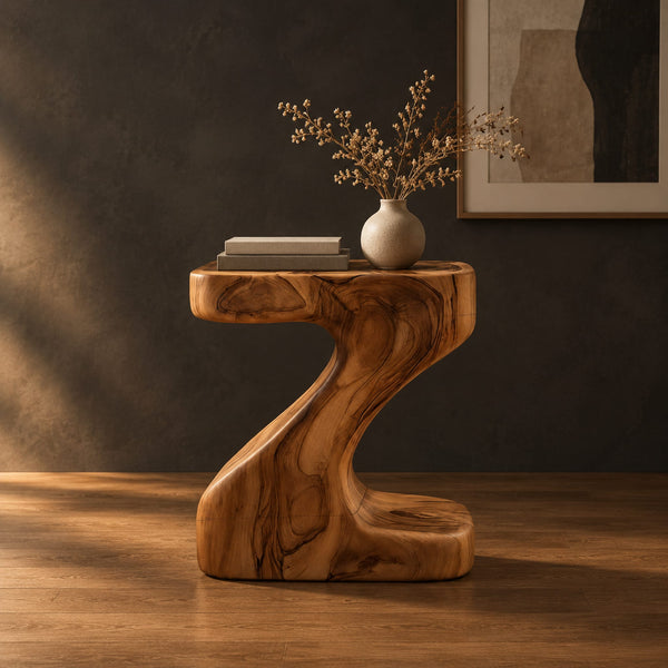 Z Shaped Sculpted Side Table With Thick Top And Wide Foot