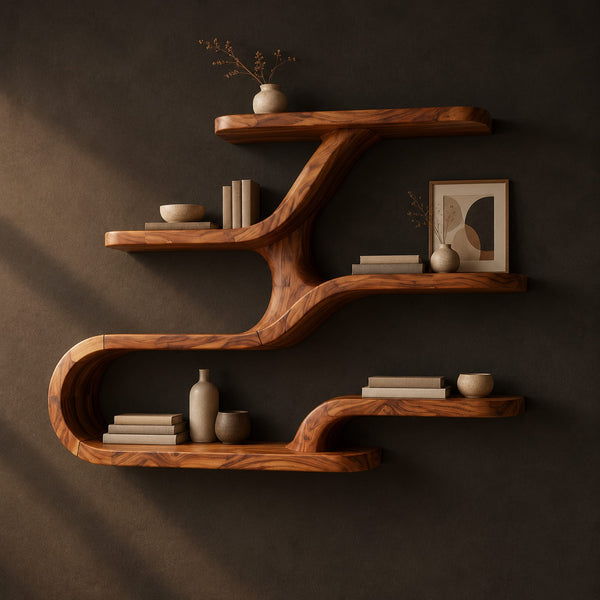 Zigzag Wall Shelves With Staggered Boards And One Flowing Ribbon