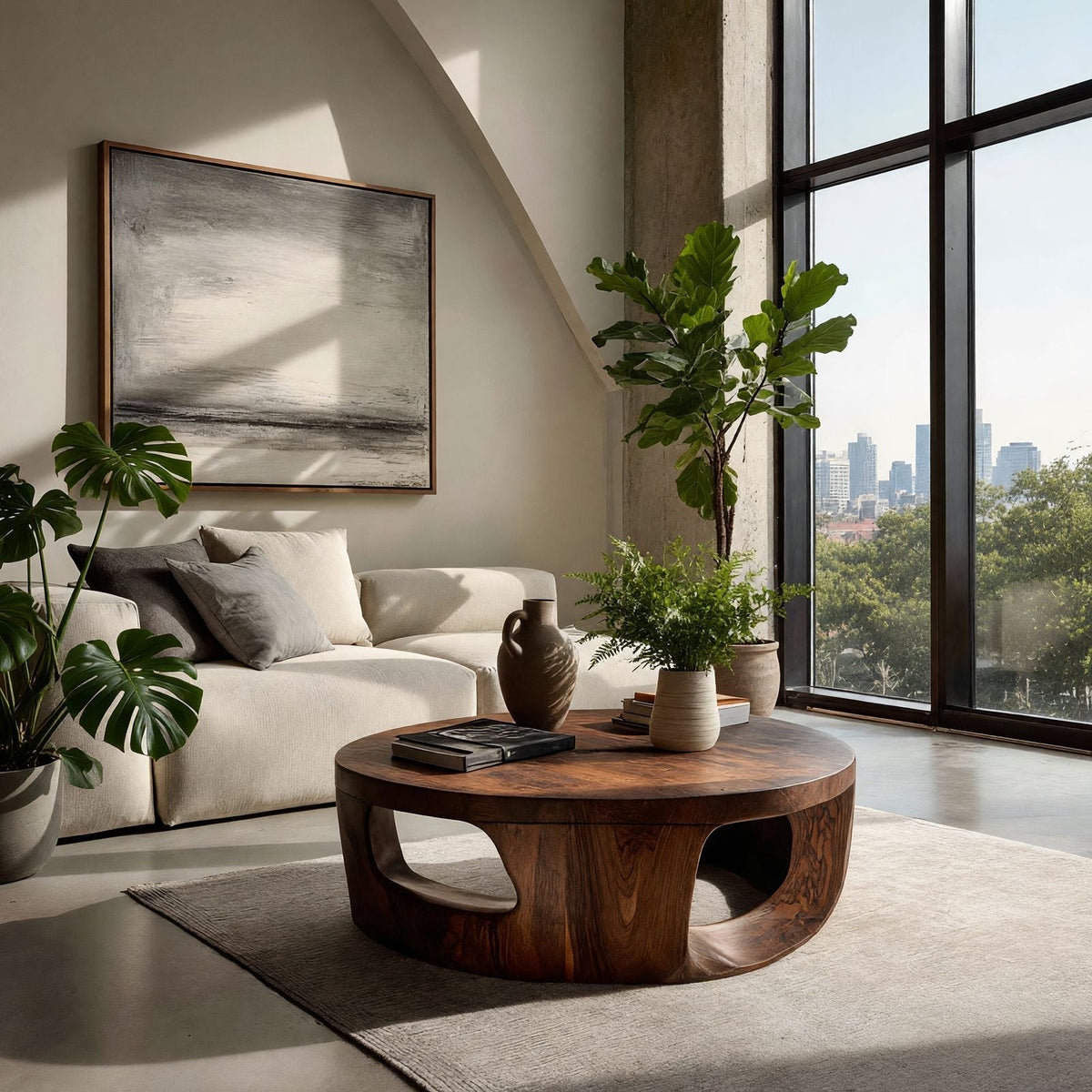Round Wooden Block Coffee Table: Drum and Carved-Mass Picks