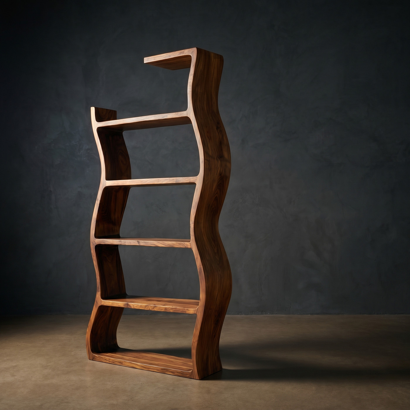 Wavy Wooden Bookshelf with Flowing Multi-Tier Display Shelves