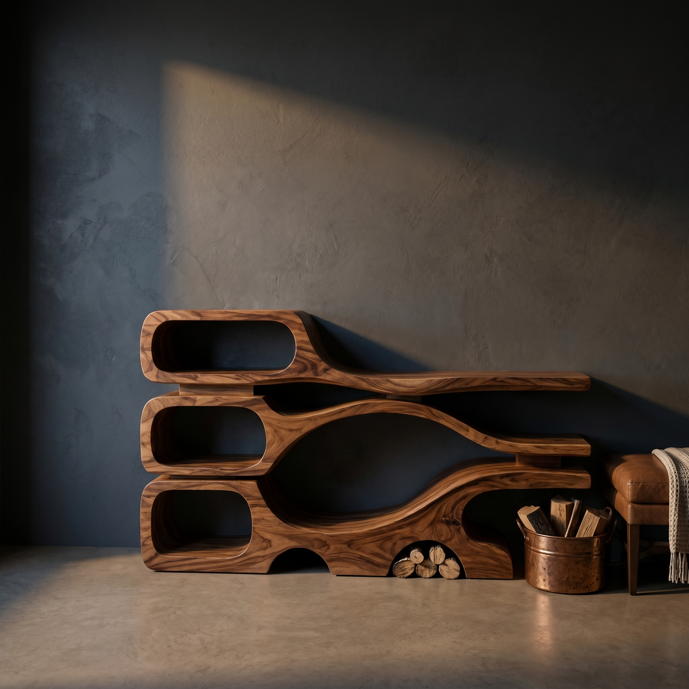 Sculptural Hollow Solid Wood Console Table Rustic Display
