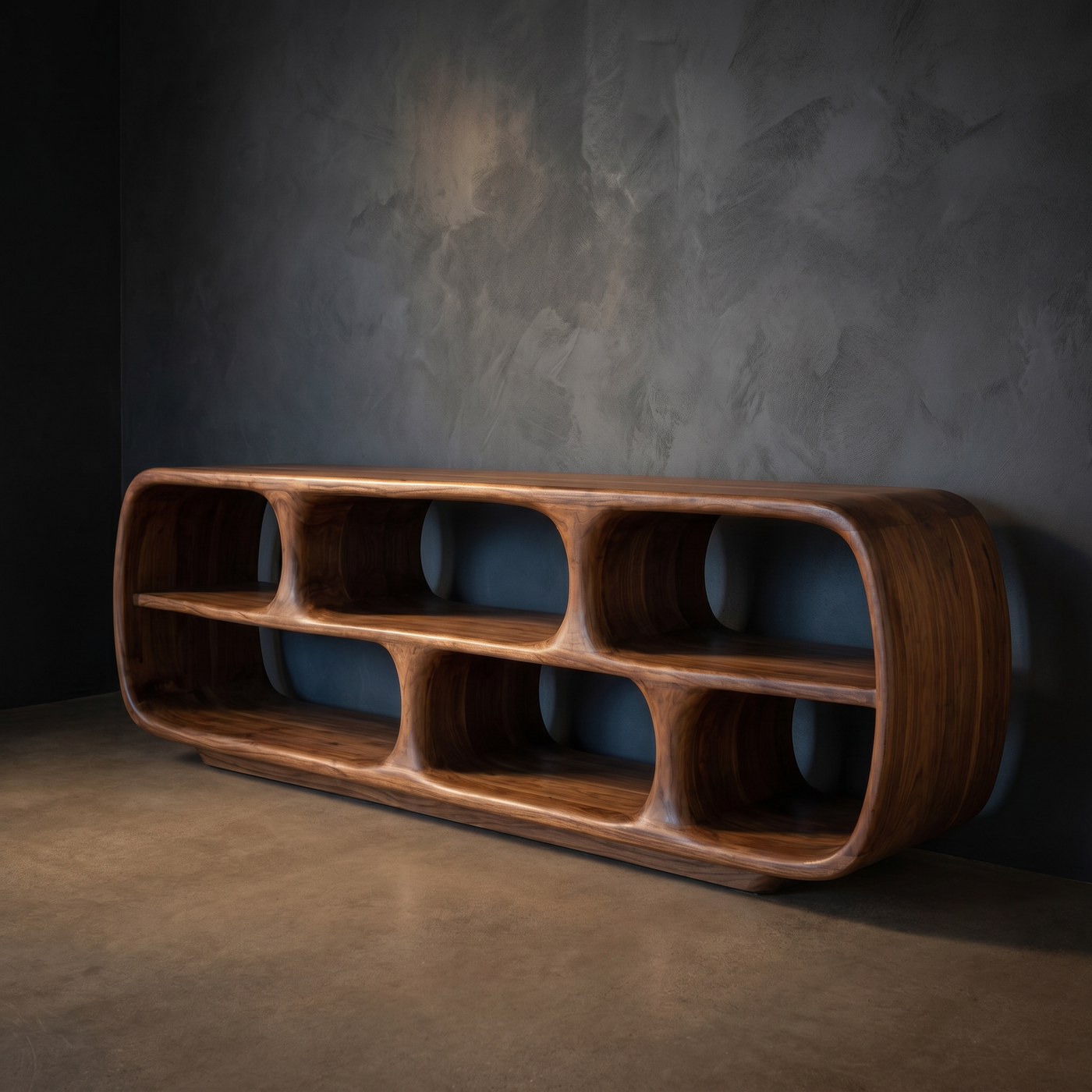 Minimalist Low Display Bookshelf with Waterfall Edges and Open Compartments