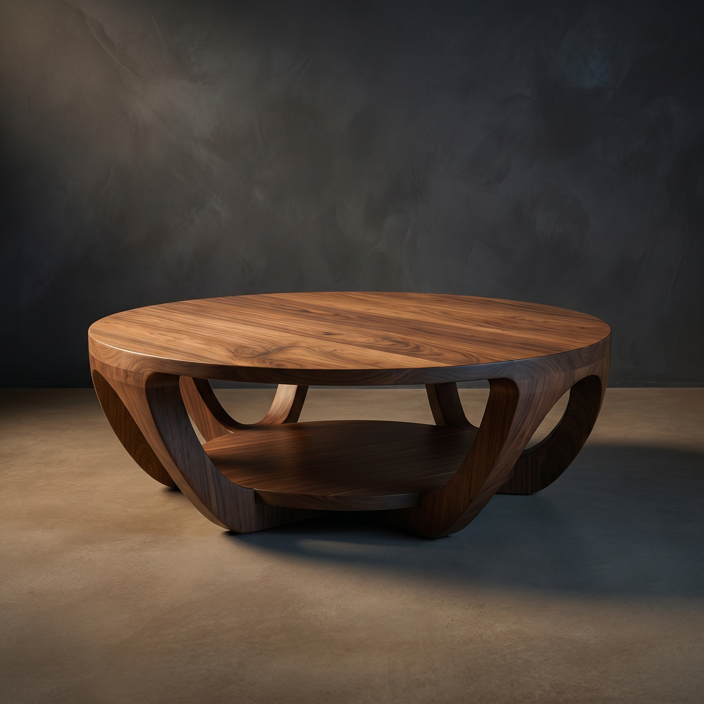 Round Sculptural Coffee Table With Curved Base And Shelf