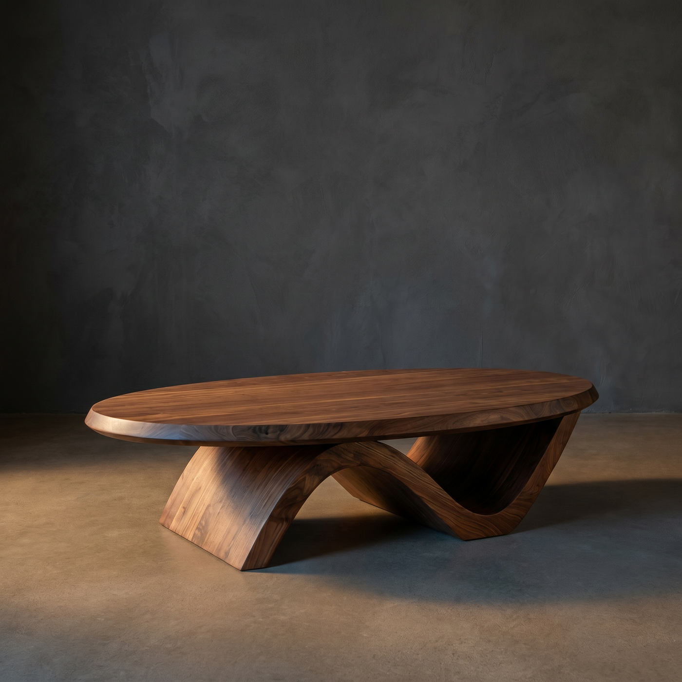 Curved Base Round Coffee Table Artistic Solid Wood Sculptural Design