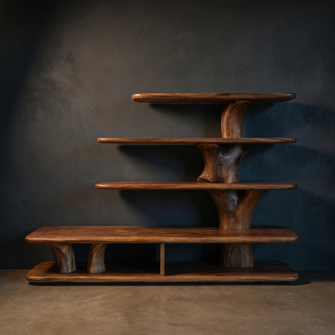 Architectural Open Bookshelf with Organic Sculptural Wood Supports