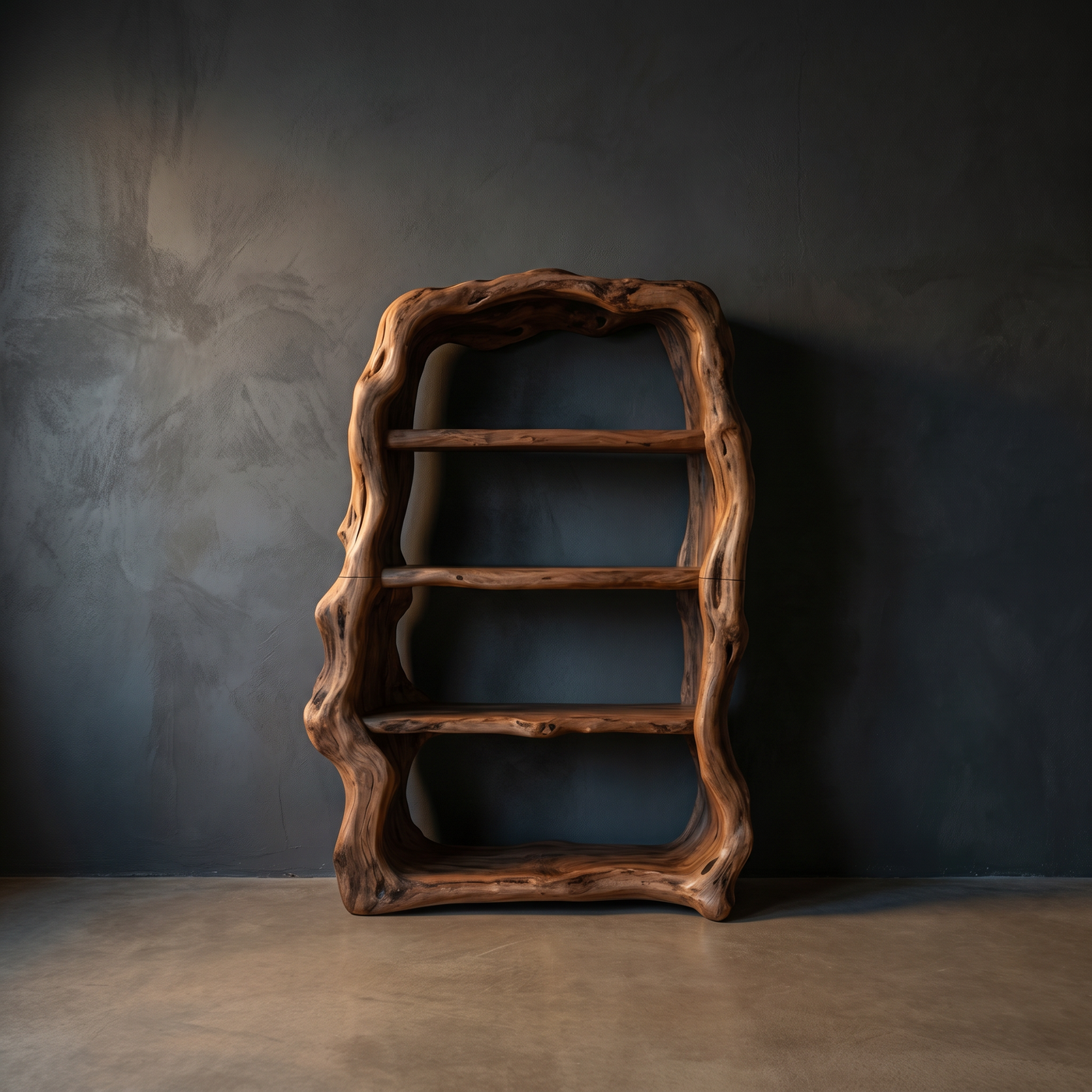 Rustic Carved-Frame Solid Wood Bookshelf - Sculptural Open Shelving for Living Room or Library